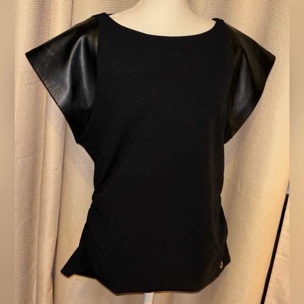 MICHAEL KORS Faux Leather Trim Ruched Top
